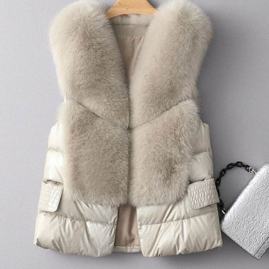 Women's Winter Short Down Jacket - Imitation Fox Fur Vest, Stylish & Warm - Buy Center