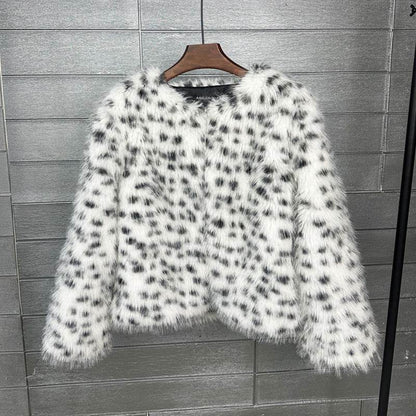 Women's Black & White Spots Short Coat - Trendy Faux Fur Style 2025 - Buy Center