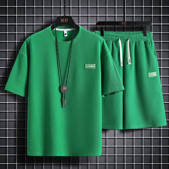 Men's Casual Tracksuit Short Sleeve Set - Breathable Waffle Cotton Style - Buy Center