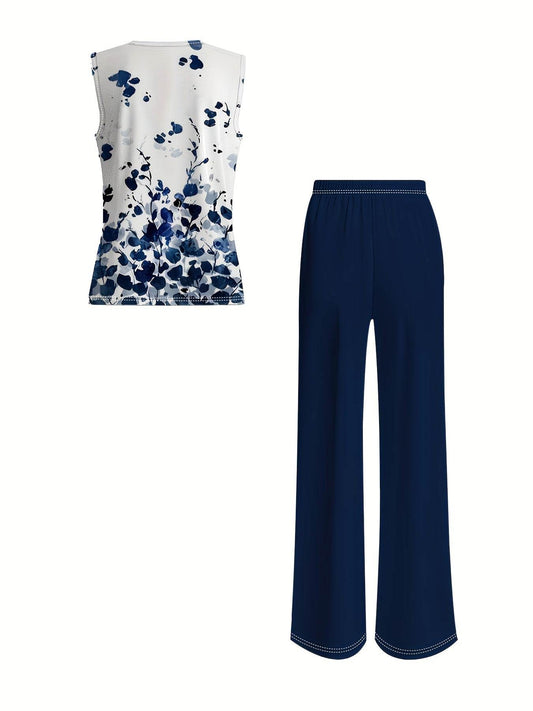 Elegant Floral Print Sleeveless Top & Wide-Leg Pants Set - Spring Fashion - Buy Center