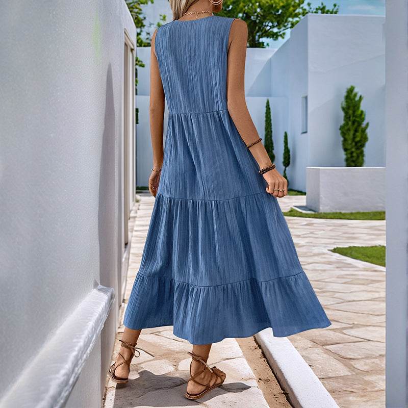 Buycenter Sleeveless Pleated Dress - Elegant A-Line in Solid Blue - Buy Center