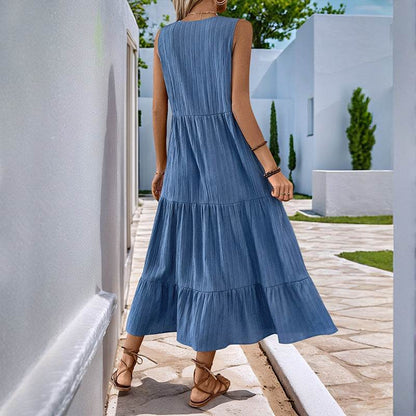 Buycenter Sleeveless Pleated Dress - Elegant A-Line in Solid Blue - Buy Center