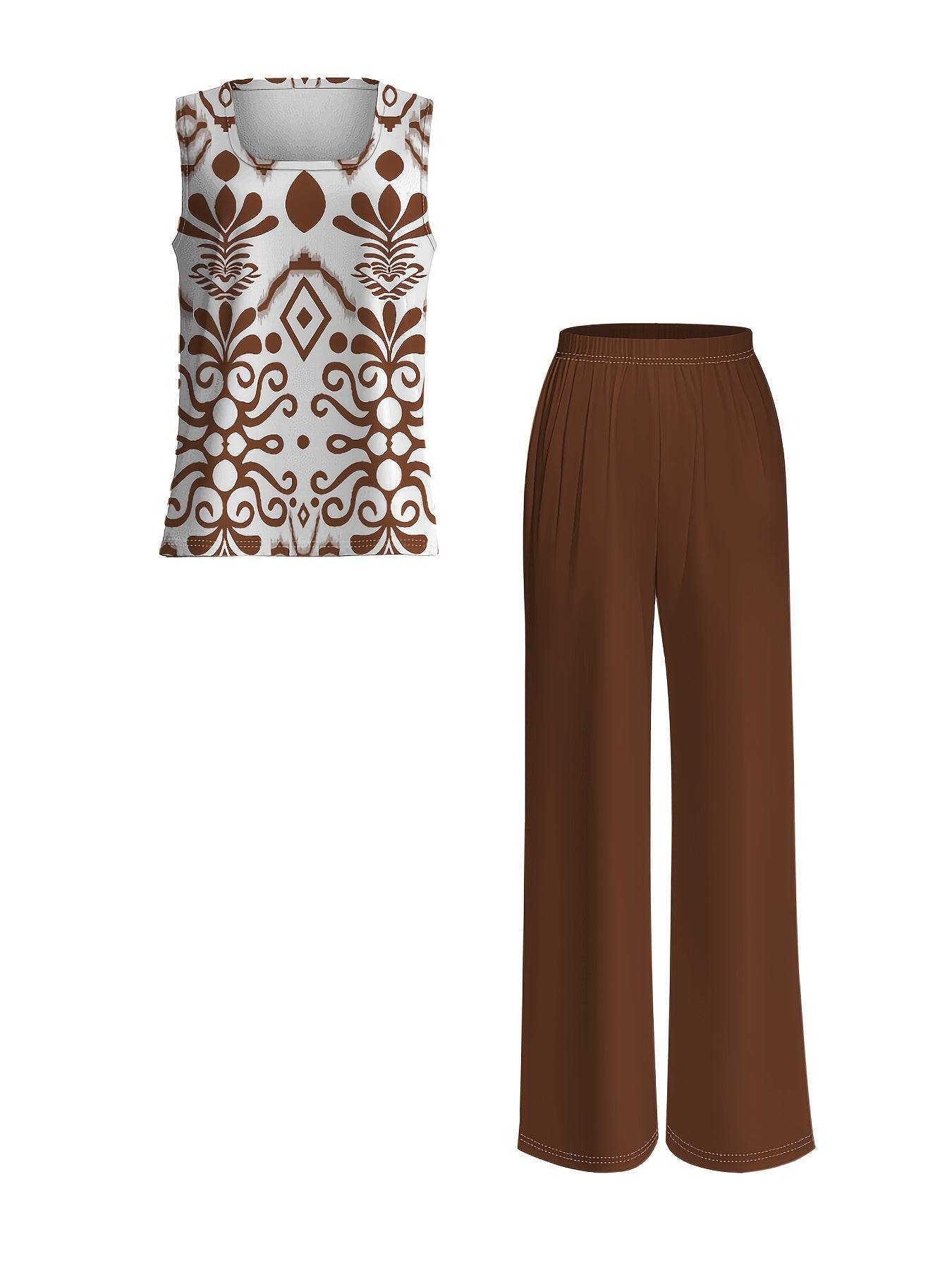 Elegant Women's Floral Print Top & Wide Leg Pants Set - Casual Wear - Buy Center