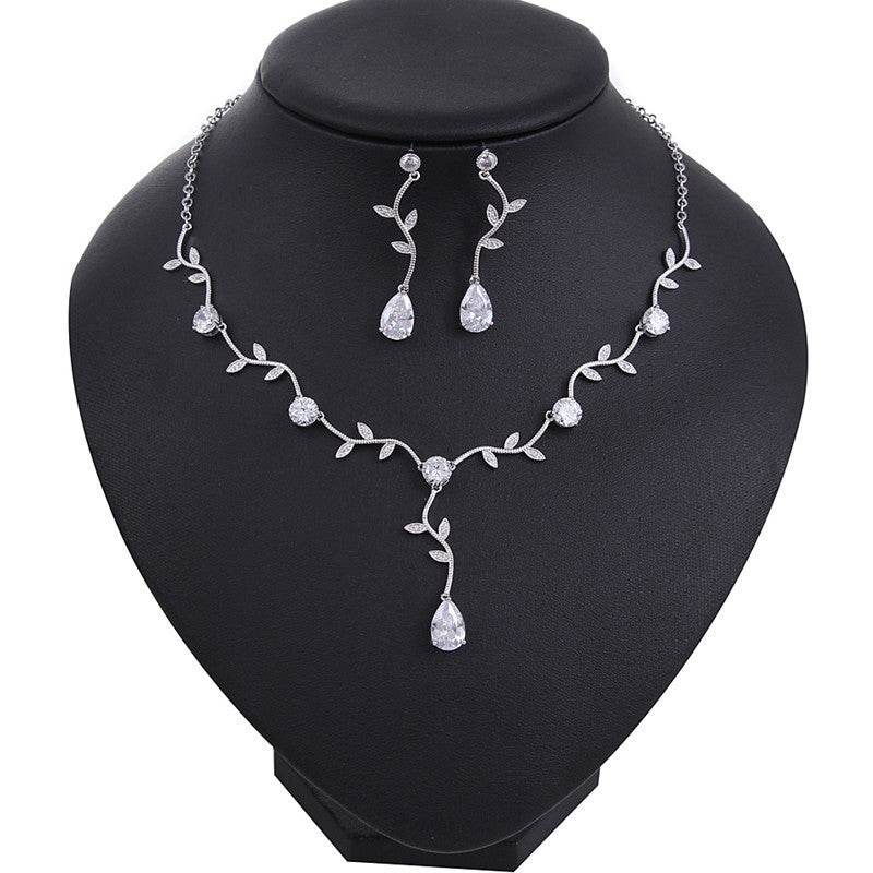 Elegant Bridal Jewelry Set - Zircon Drop Earrings & Necklaces in Gold/Silver/Red/Blue - Buy Center
