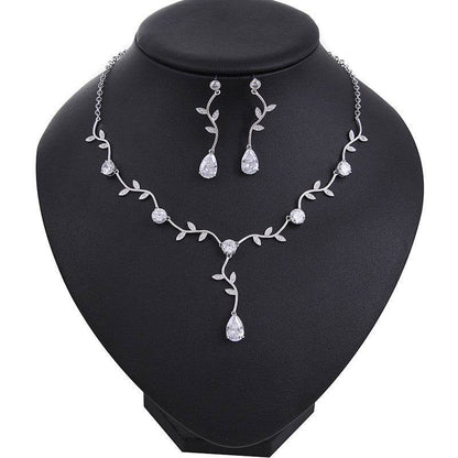 Elegant Bridal Jewelry Set - Zircon Drop Earrings & Necklaces in Gold/Silver/Red/Blue - Buy Center