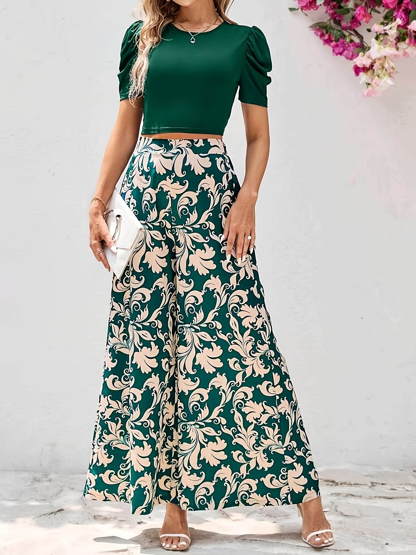 Women's Short Sleeve Top & Floral Pants Set - Elegant Spring Style - Buy Center