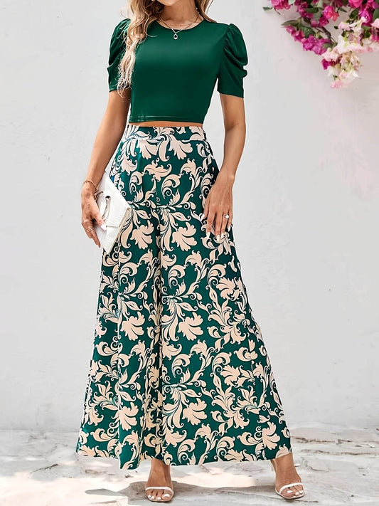 Women's Short Sleeve Top & Floral Pants Set - Elegant Spring Style - Buy Center