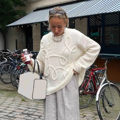 Buycenter Solid Color Wool Sweater - Long Sleeve Irregular Embroidery - Buy Center