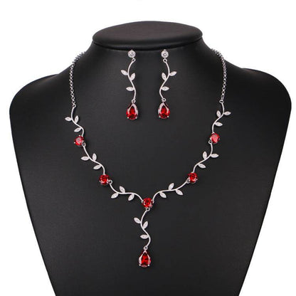 Elegant Bridal Jewelry Set - Zircon Drop Earrings & Necklaces in Gold/Silver/Red/Blue - Buy Center