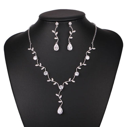 Elegant Bridal Jewelry Set - Zircon Drop Earrings & Necklaces in Gold/Silver/Red/Blue - Buy Center