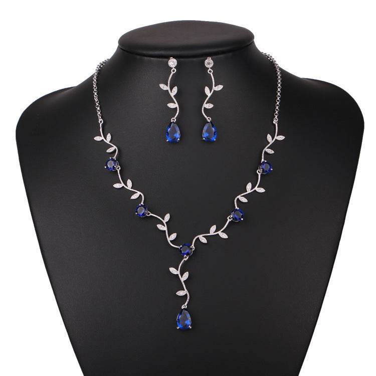 Elegant Bridal Jewelry Set - Zircon Drop Earrings & Necklaces in Gold/Silver/Red/Blue - Buy Center