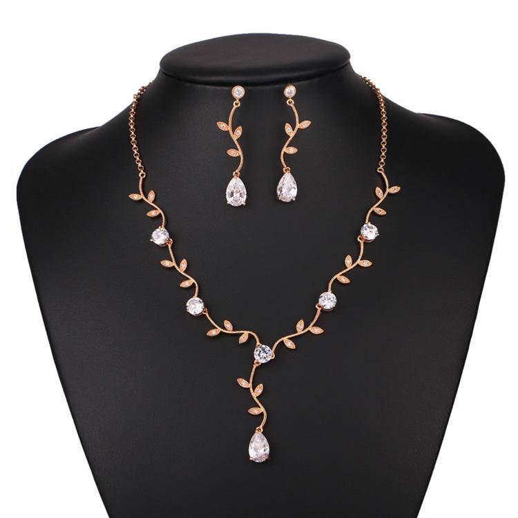 Elegant Bridal Jewelry Set - Zircon Drop Earrings & Necklaces in Gold/Silver/Red/Blue - Buy Center