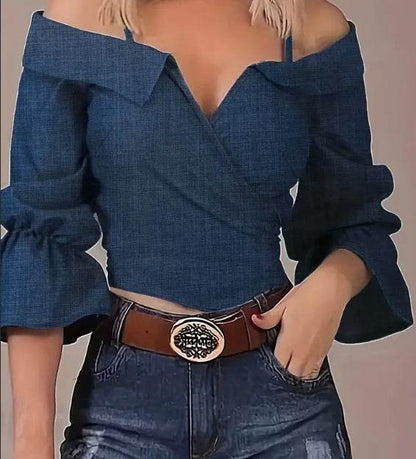 Buycenter Casual Solid Spaghetti Strap Blouse - Bell Sleeve Design - Buy Center