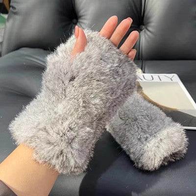 Sweet Warm Rex Rabbit Fur Gloves - Cozy Half Finger Design for Winter - Buy Center