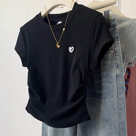 Buycenter Ladies Gray Short Sleeve T-shirt - Love Embroidery Design - Buy Center