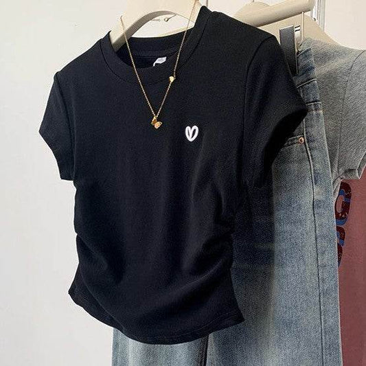 Buycenter Ladies Gray Short Sleeve T-shirt - Love Embroidery Design - Buy Center