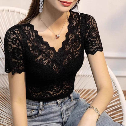 Ladies V-Neck Hollow Lace Short Sleeve Shirt - Slim Fit & Stylish Accents - Buy Center