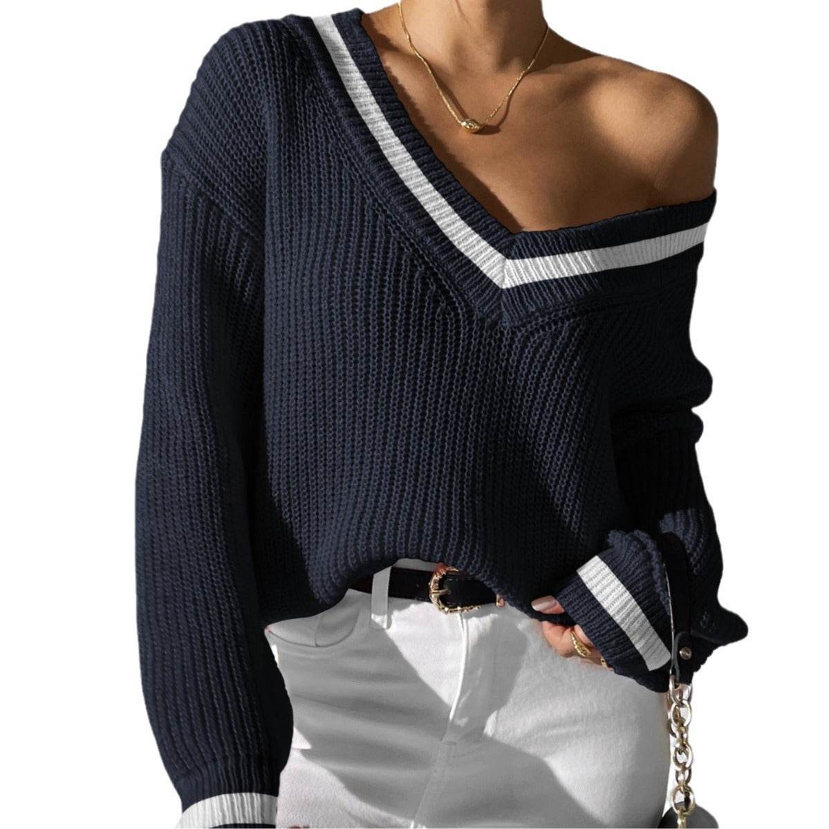 Buycenter Women's V-neck Color Block Sweater - Casual Pullover Style - Buy Center