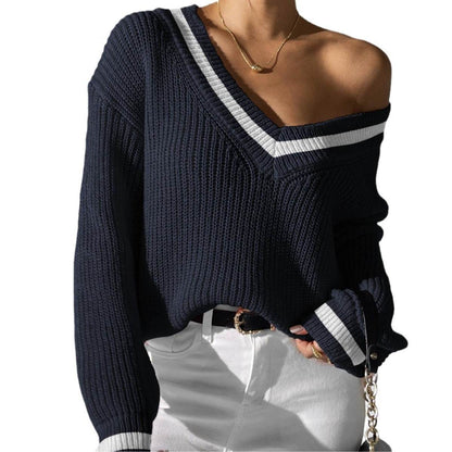 Buycenter Women's V-neck Color Block Sweater - Casual Pullover Style - Buy Center