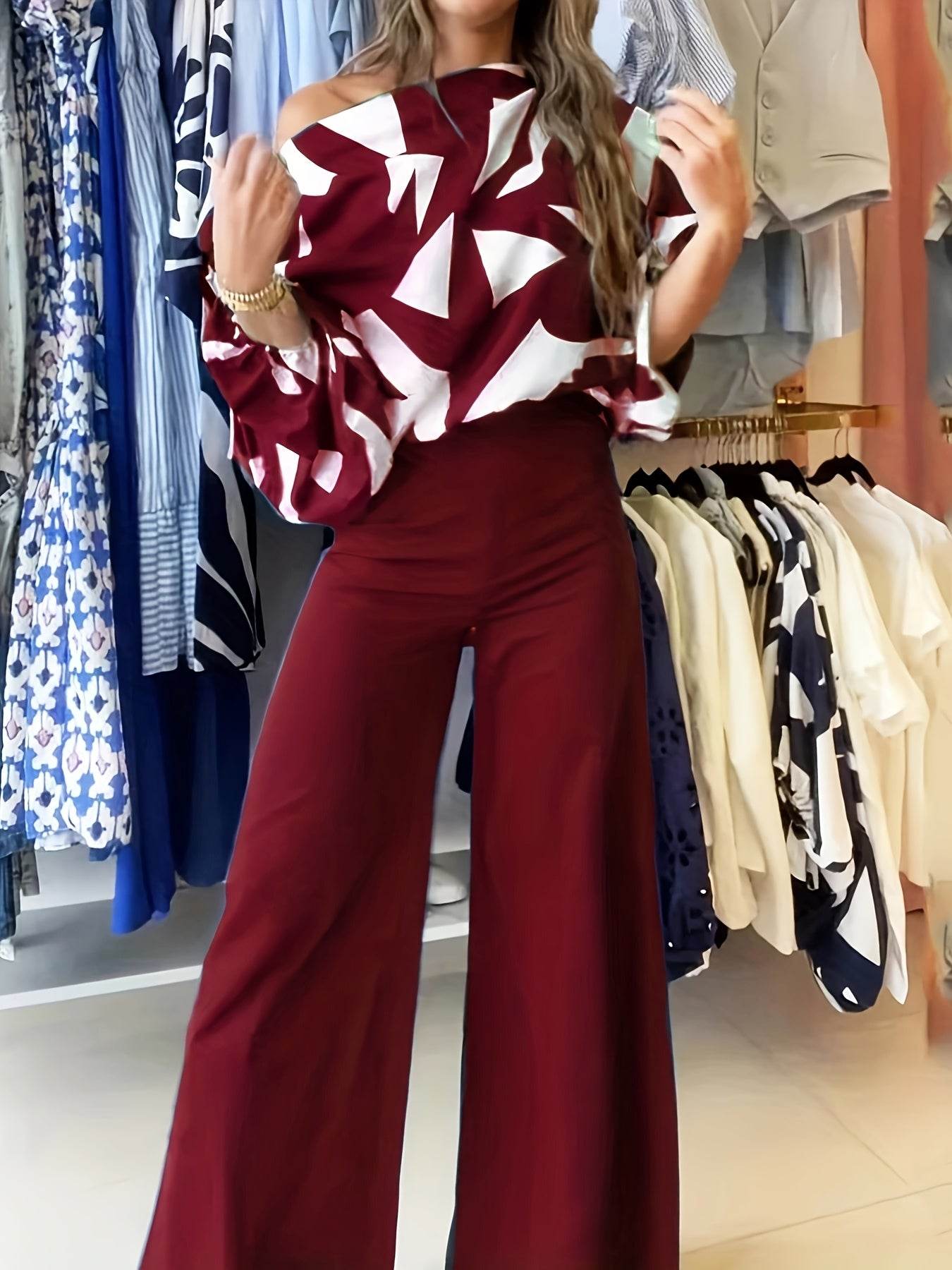 Geometric Printed Casual Top & Pants Set - 100% Polyester, All Season - Buy Center