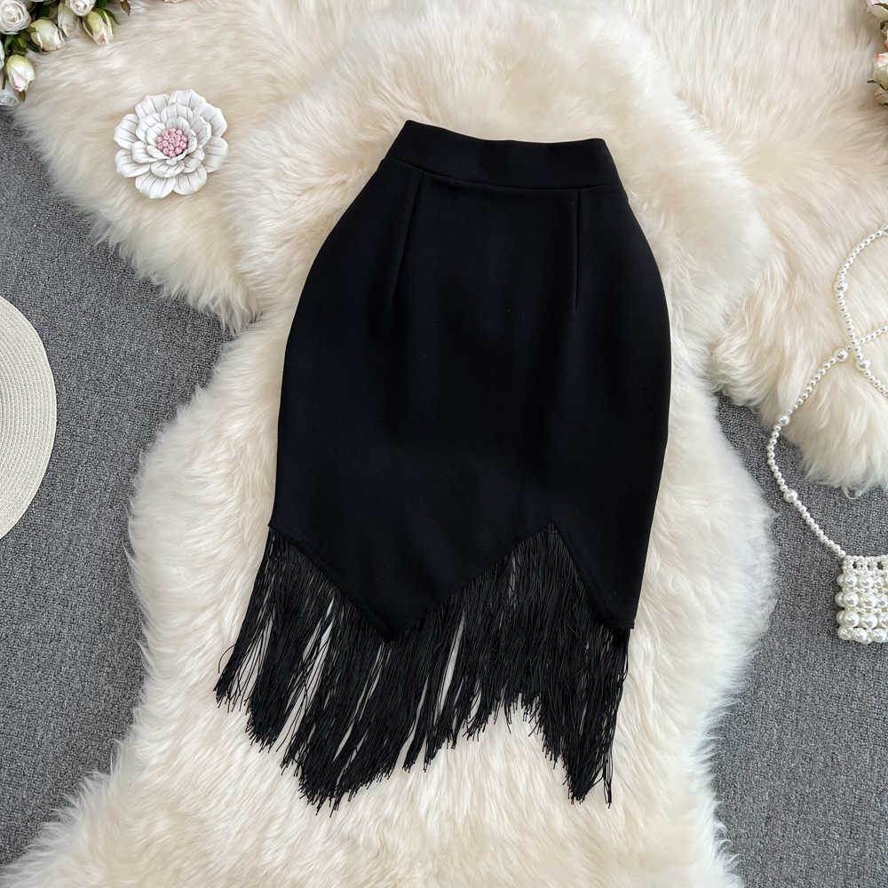 Buycenter High Waist Irregular Pencil Skirt with Tassel Detail | Black - Buy Center