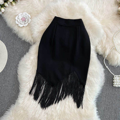 Buycenter High Waist Irregular Pencil Skirt with Tassel Detail | Black - Buy Center