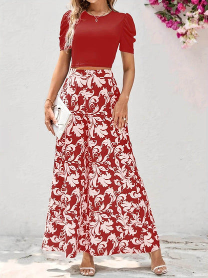 Women's Short Sleeve Top & Floral Pants Set - Elegant Spring Style - Buy Center