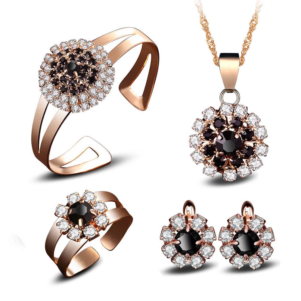 Elegant Flower Jewelry Set - Silver Necklace, Earrings, Ring & Bracelet - Buy Center