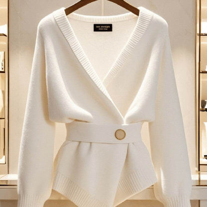 Women's White V-neck Knitted Cardigan - Versatile Long Sleeve Style - Buy Center