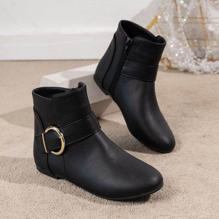 Big Buckle Black Side Zipper Low-Top Martin Boots for Trendy Women - Buy Center