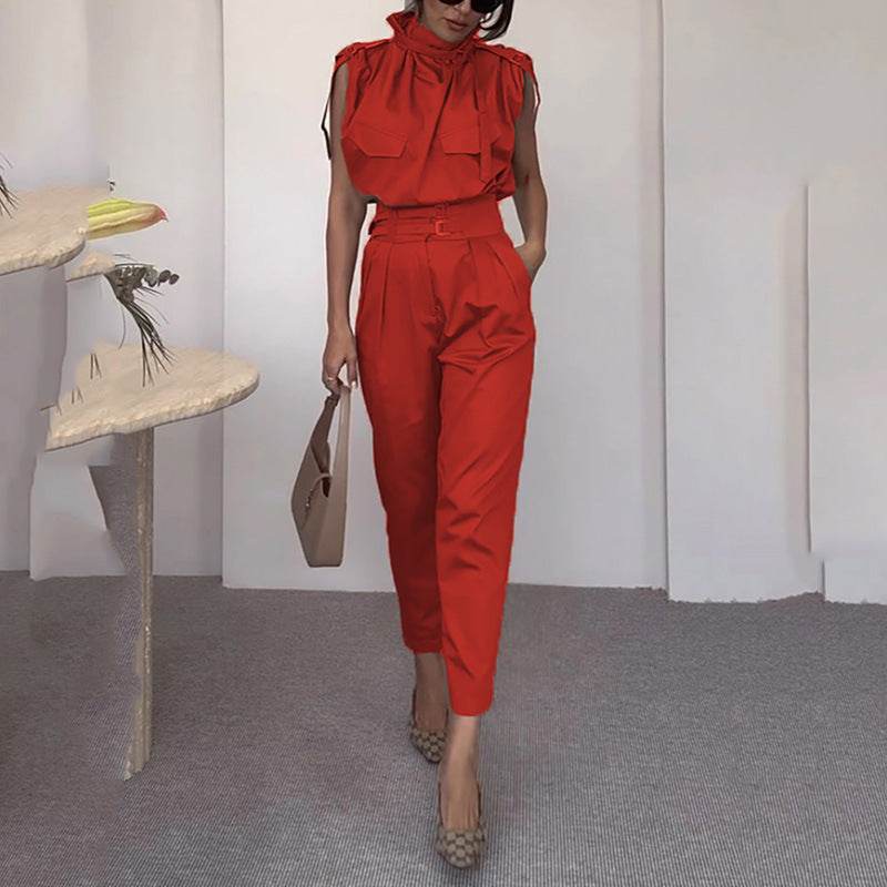 Elegant Shoulder Slimming Jumpsuit Set - Stylish Blouse & Pants Combo - Buy Center