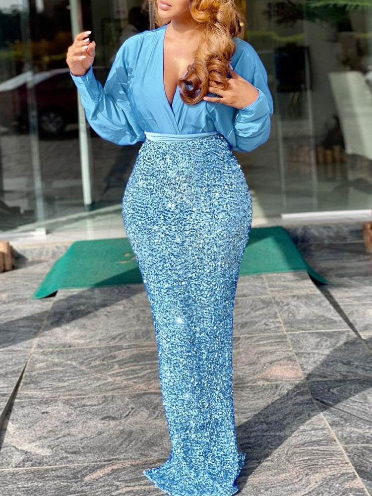 Embroidered Sky Blue Evening Dress - Ladies' Long Skirt, Irregular Design - Buy Center