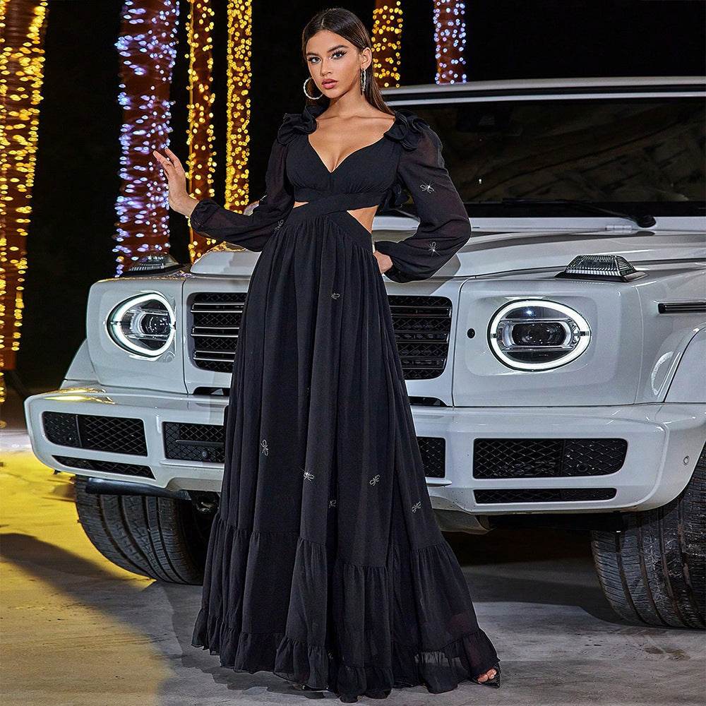 Elegant Chiffon Midriff Dress - Oversized Swing Gown for Stylish Events - Buy Center