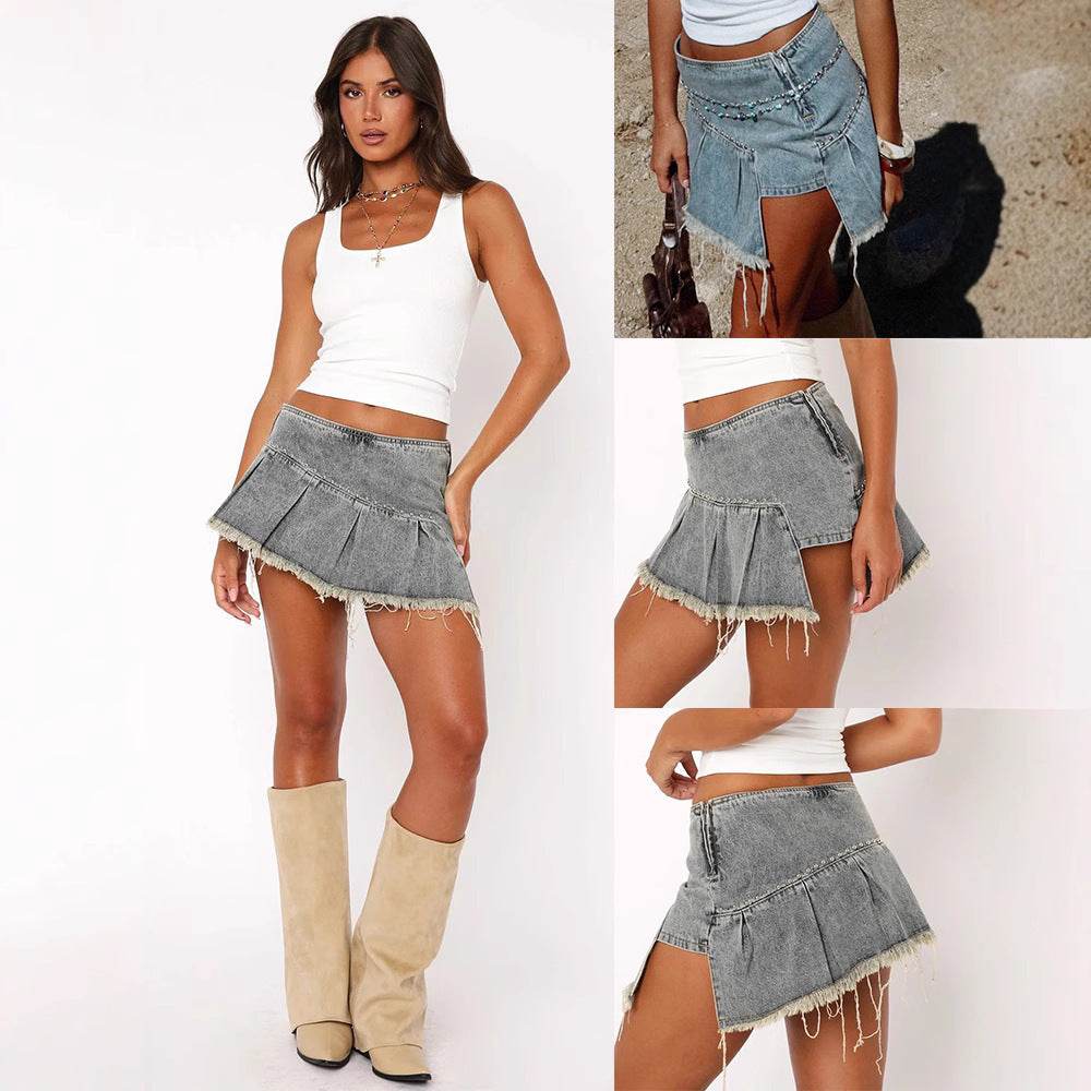 Buycenter A-Line Denim Skirt - Irregular Pleated Design for Women - Buy Center