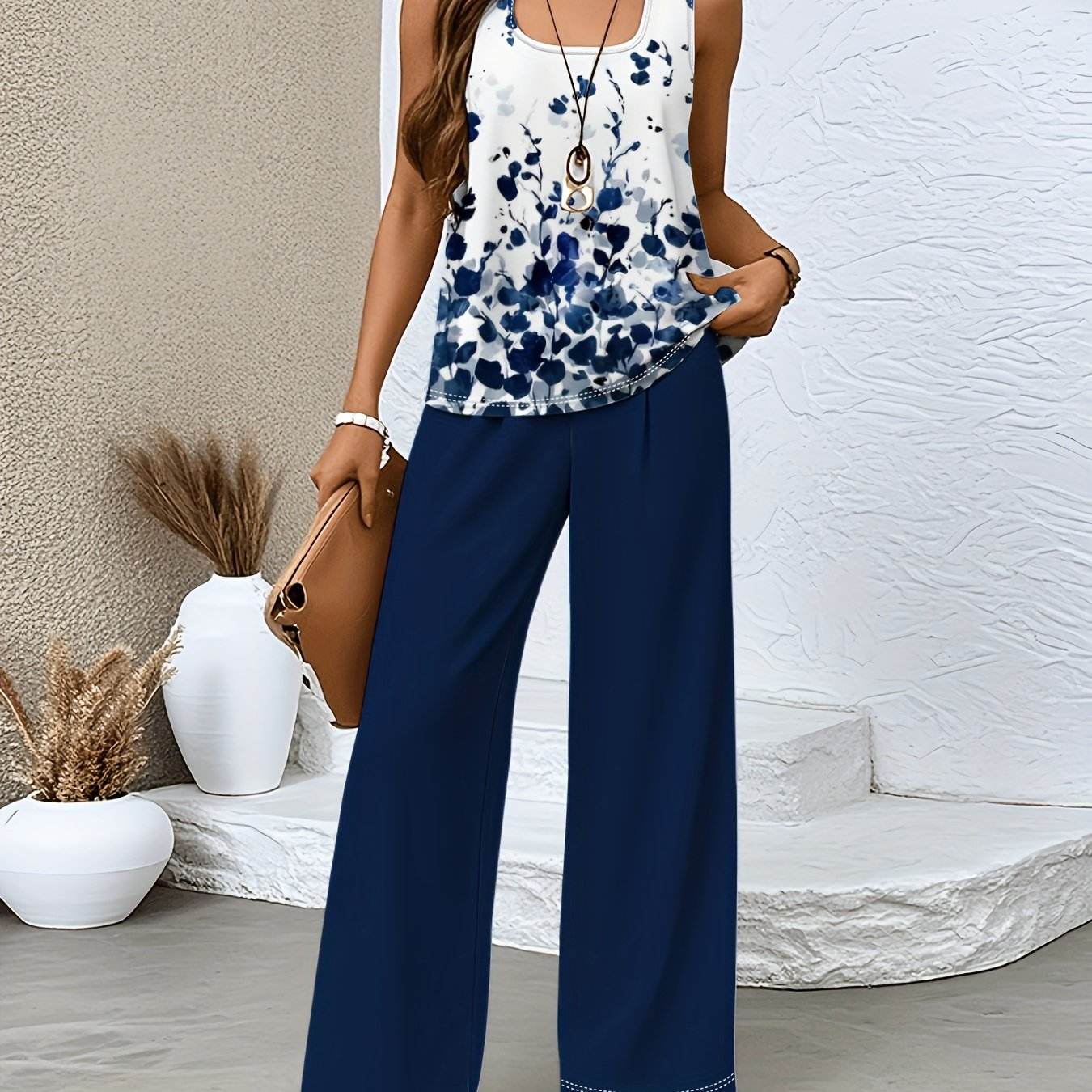 Elegant Floral Print Sleeveless Top & Wide-Leg Pants Set - Spring Fashion - Buy Center
