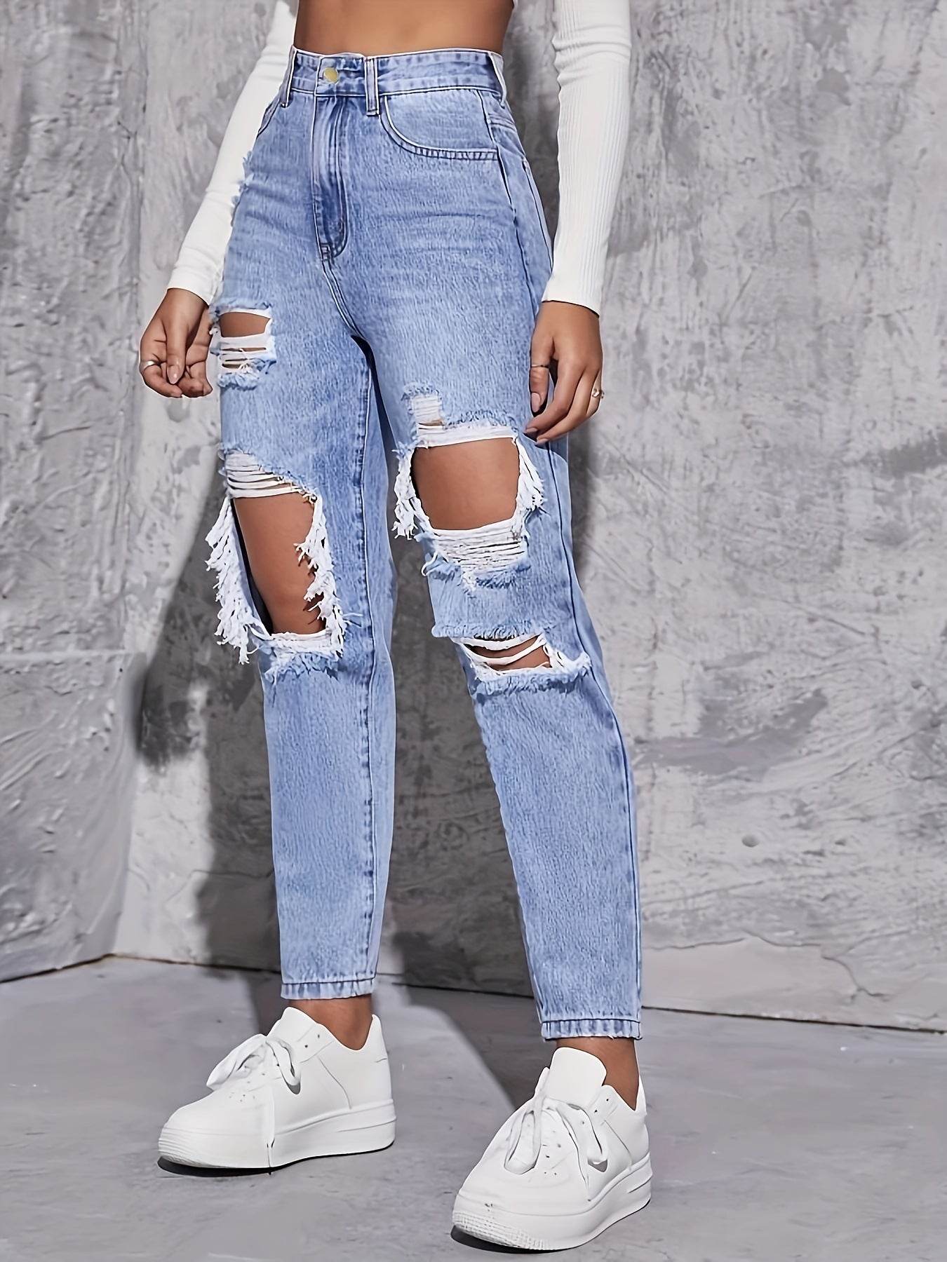 Buycenter Casual High Waist Ripped Denim Trousers for Women - Stylish Fit - Buy Center