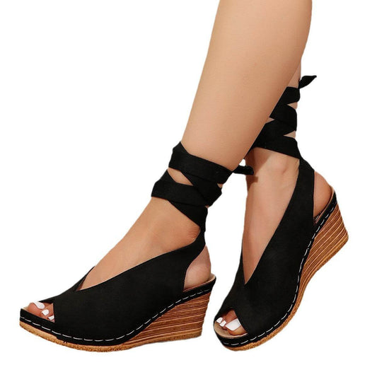 Women's Peep Toe Fashion Sandals - Winding Tape Design in Black & Khaki - Buy Center