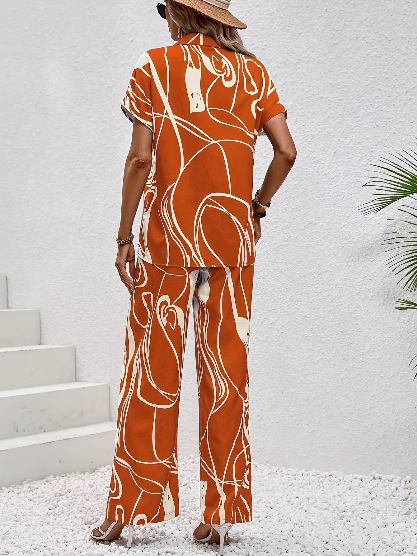 Elegant Women's Pants Set - Wide Leg Trousers & Short Sleeve Shirt - Buy Center