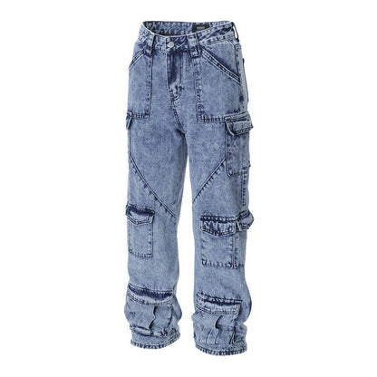 Men's Multi-pocket Washed-out Jeans - Casual Denim Trousers for All Seasons - Buy Center