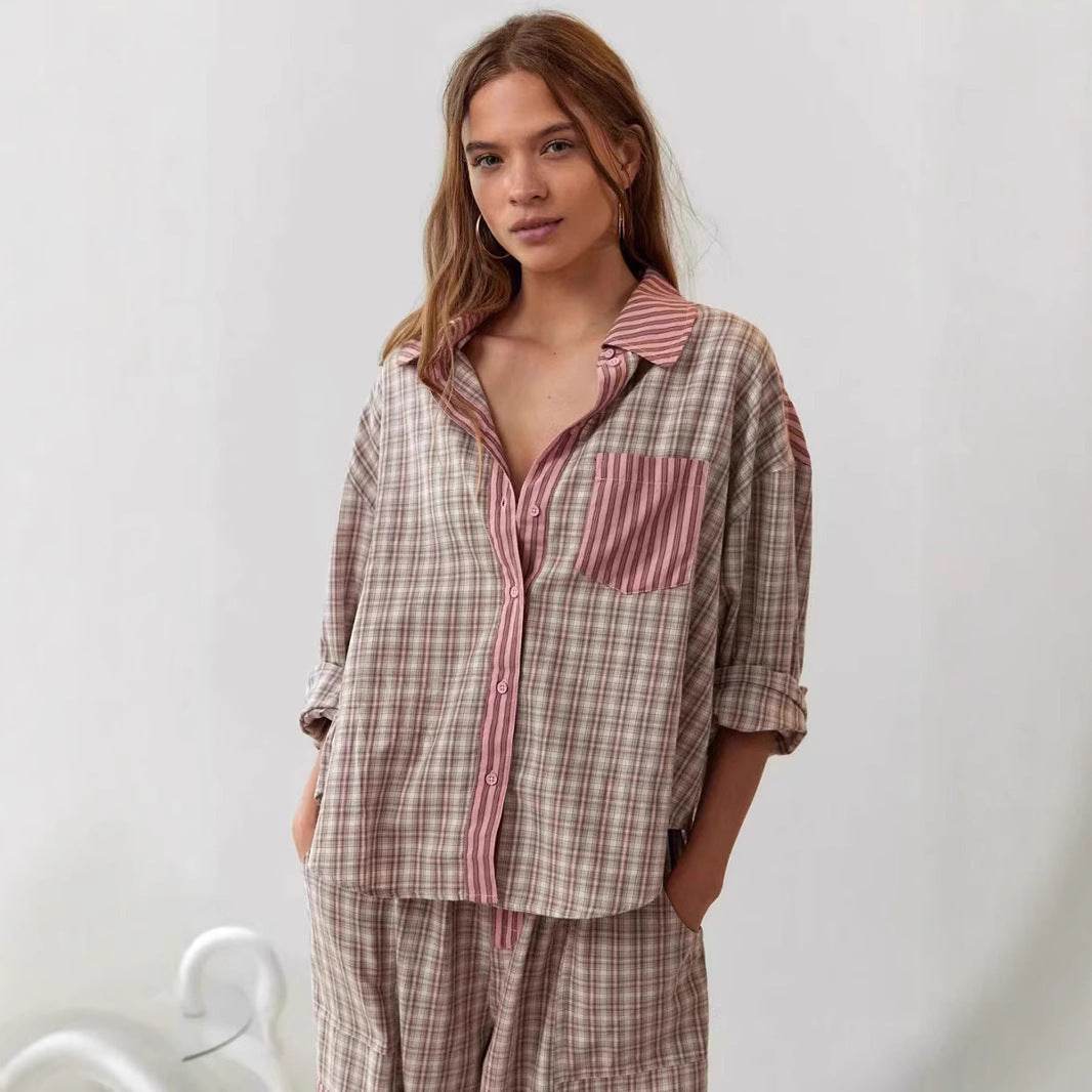 Women's Plaid Dressing Gown Set - Long Sleeve Shirt & Trousers Outfit - Buy Center