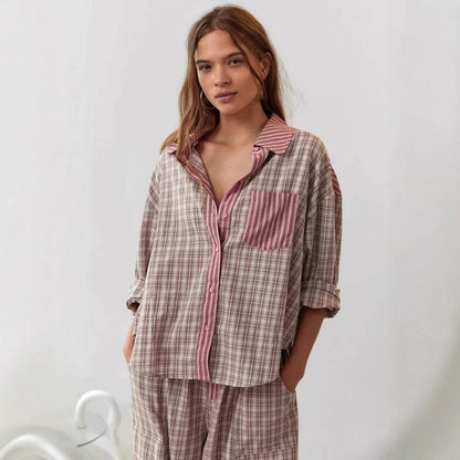Women's Plaid Dressing Gown Set - Long Sleeve Shirt & Trousers Outfit - Buy Center