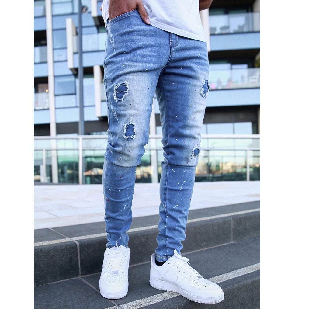 Trendy Splash-Ink Skinny Men's Jeans - Light Blue Low Waist Style - Buy Center