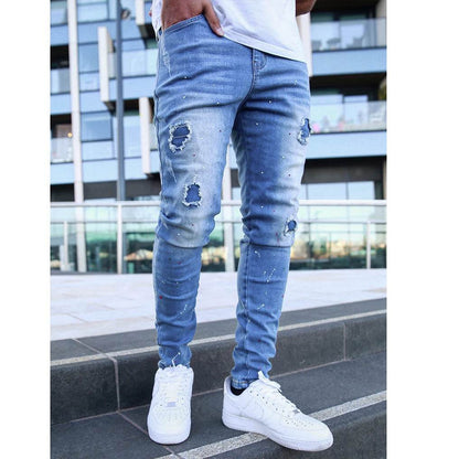 Trendy Splash-Ink Skinny Men's Jeans - Light Blue Low Waist Style - Buy Center