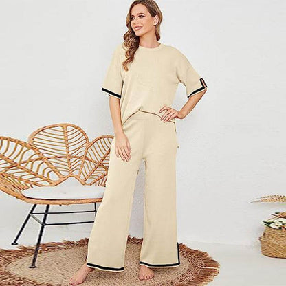 Buycenter New Knitting Suit - Short Sleeve Pullover & Wide Leg Pants - Buy Center