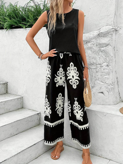 Spring/Summer Floral Print Casual Vest & Pants Set - Round Neck - Buy Center