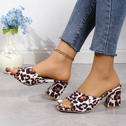 Buycenter Leopard Square Toe Sandals - Stylish High-Heeled Slippers for Women - Buy Center