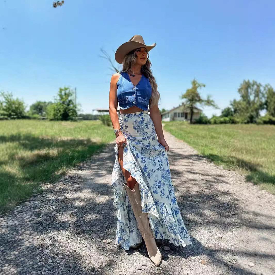 Buycenter Floral Print A-Line Skirt - Long Hem for Vacation Style - Buy Center