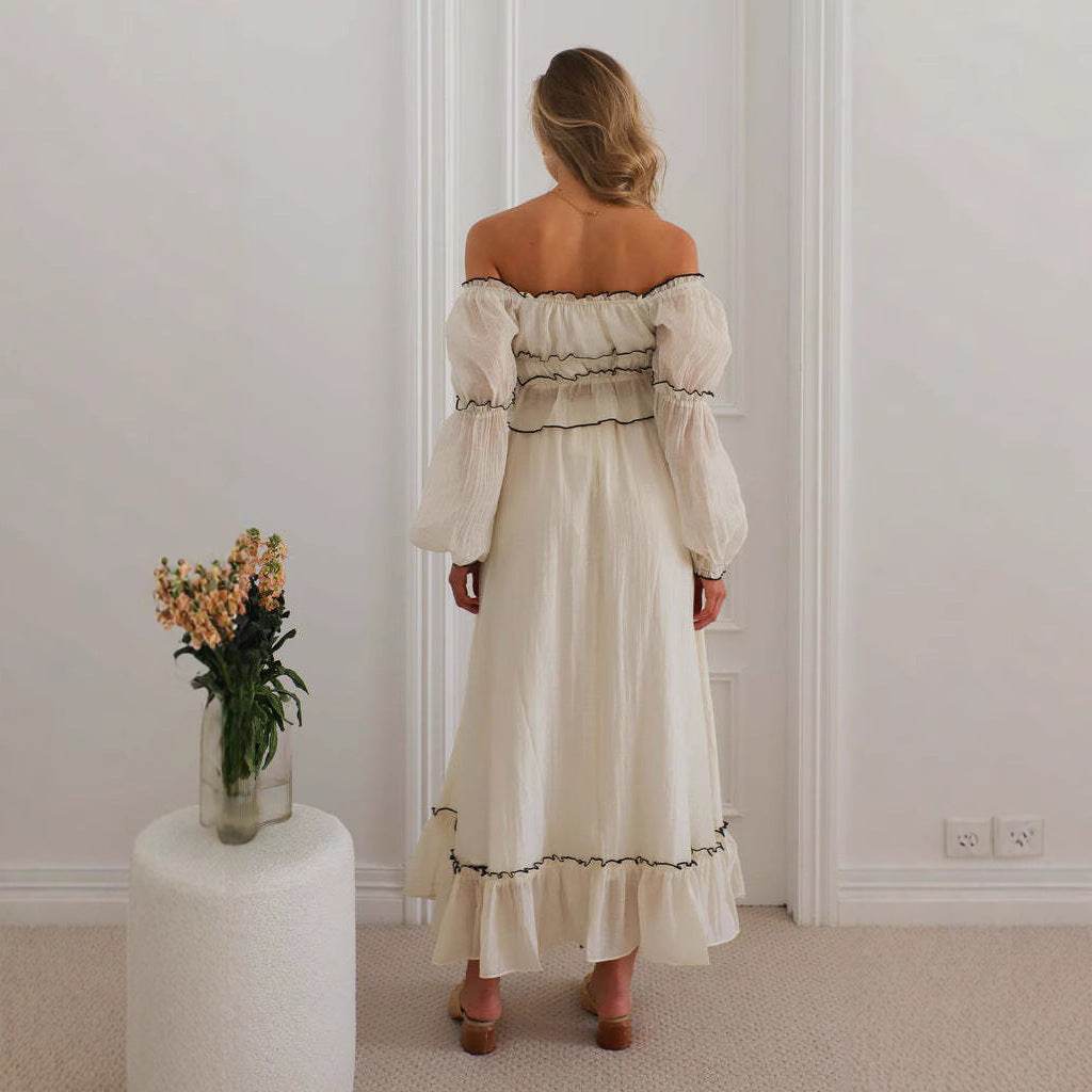 Off-neck Puff Sleeve Vacation Top Suit - Stylish Apricot Set for Women - Buy Center