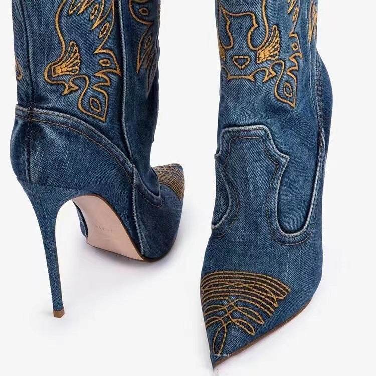 Stylish Women's Western High-Heel Boots - Stiletto, Denim & PU - Buy Center