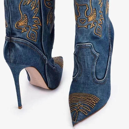 Stylish Women's Western High-Heel Boots - Stiletto, Denim & PU - Buy Center